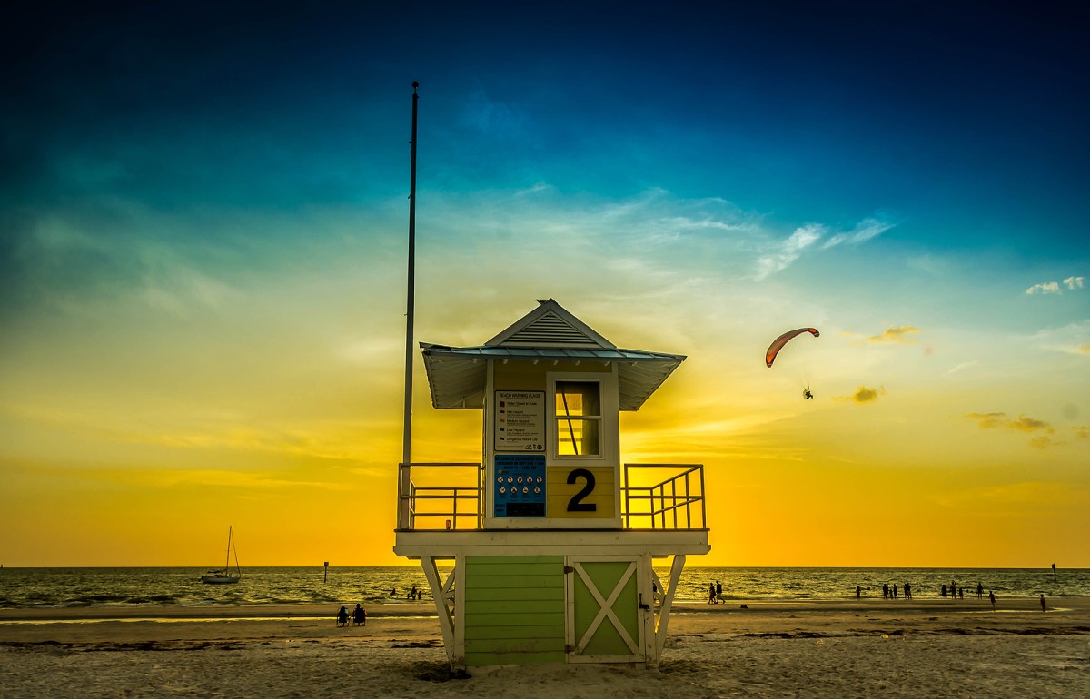 Lifeguard tower #2 at sunset, Clearwater Beach, Florida.